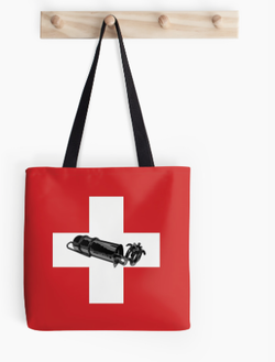 tote, bag, stove, camp stove, brass stove, pressure stove, graphic design, coil burner stove, bored stove, camp cooking, fire, flames, swiss, switzerland, flag, swiss flag, cross, white cross, red flag