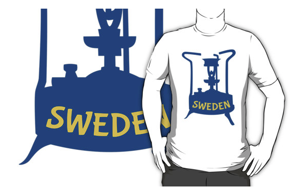 t-shirt, stove, brass stove, pressure stove, camp stove, camping, vintage stove, classic camp stove, one pint stove, swedish stove, sweden, swedish, made in sweden, retro camping, swedish flag, national flag of sweden, flag