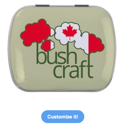 bushcraft, bush craft, wilderness, wilderness training, flag, trees, typography, survival, canada, maple leaf, fishing, hunting, Jelly Belly Candy Tins