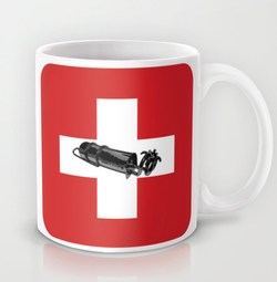 stove, camp stove, brass stove, pressure stove, graphic design, coil burner stove, bored stove, camp cooking, fire, flames, swiss, switzerland, flag, swiss flag, cross, white cross, red flag, white gas, white spirit, camping, hiking, tramping, mountaineering, kerosene, paraffin, coffee mug, cup