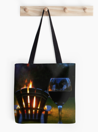 tote bag,   red, glass, fire, smoke, camp, wine, chair, campfire